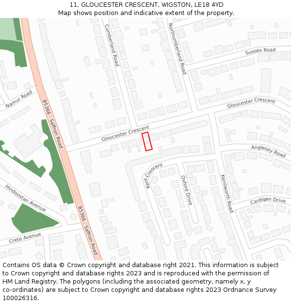 11, GLOUCESTER CRESCENT, WIGSTON, LE18 4YD: Location map and indicative extent of plot