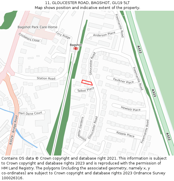 11, GLOUCESTER ROAD, BAGSHOT, GU19 5LT: Location map and indicative extent of plot