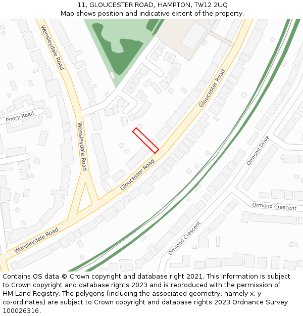 11, GLOUCESTER ROAD, HAMPTON, TW12 2UQ: Location map and indicative extent of plot