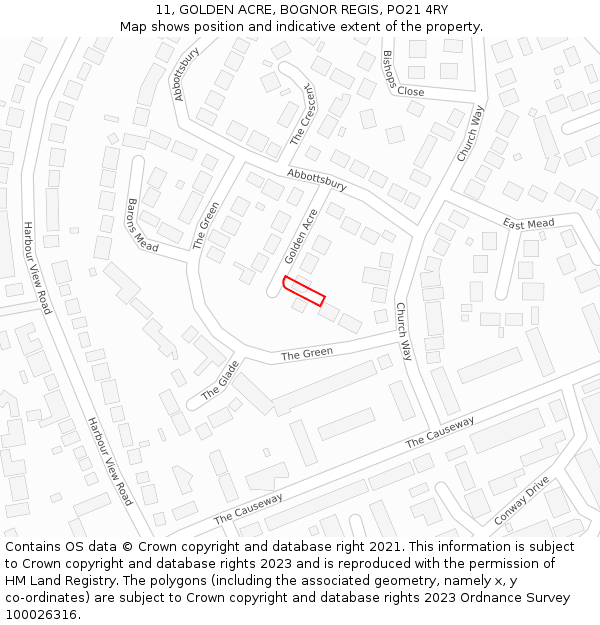 11, GOLDEN ACRE, BOGNOR REGIS, PO21 4RY: Location map and indicative extent of plot