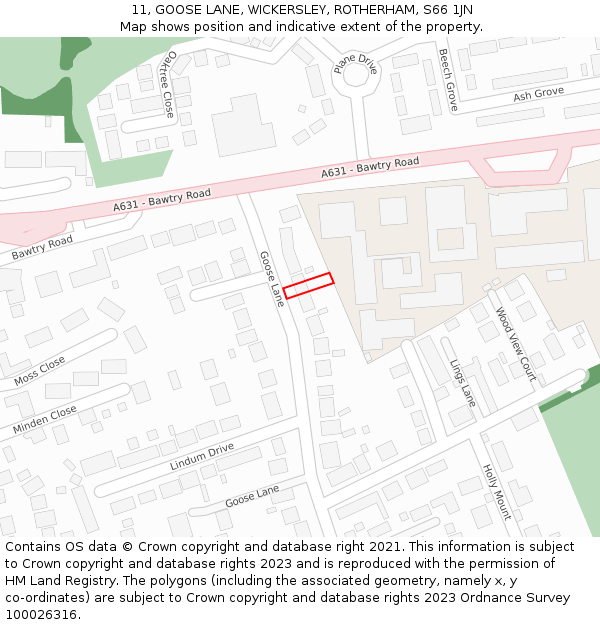 11, GOOSE LANE, WICKERSLEY, ROTHERHAM, S66 1JN: Location map and indicative extent of plot