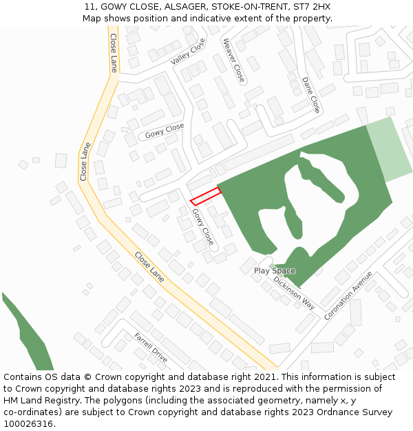 11, GOWY CLOSE, ALSAGER, STOKE-ON-TRENT, ST7 2HX: Location map and indicative extent of plot