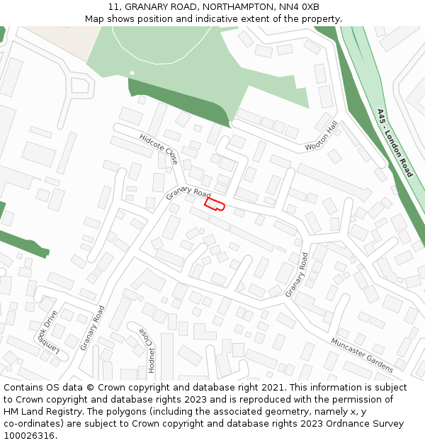 11, GRANARY ROAD, NORTHAMPTON, NN4 0XB: Location map and indicative extent of plot