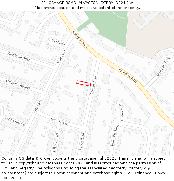 11, GRANGE ROAD, ALVASTON, DERBY, DE24 0JW: Location map and indicative extent of plot