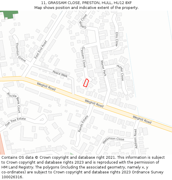 11, GRASSAM CLOSE, PRESTON, HULL, HU12 8XF: Location map and indicative extent of plot