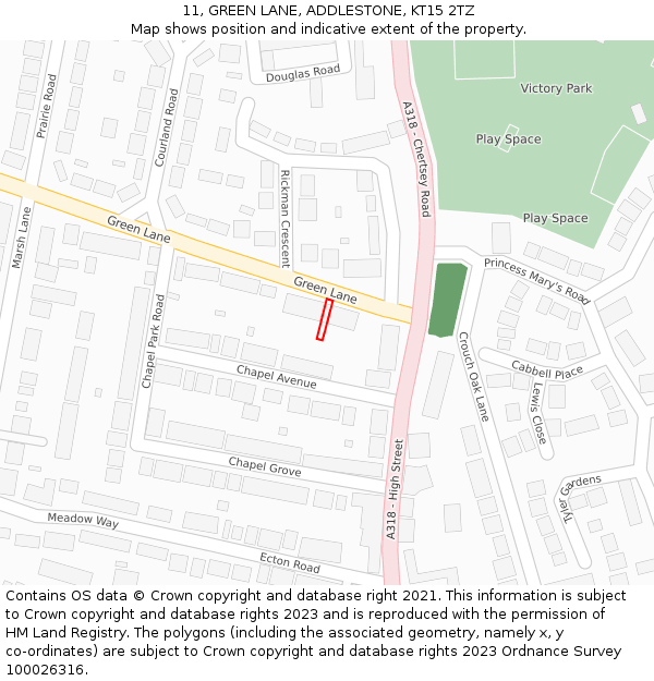 11, GREEN LANE, ADDLESTONE, KT15 2TZ: Location map and indicative extent of plot