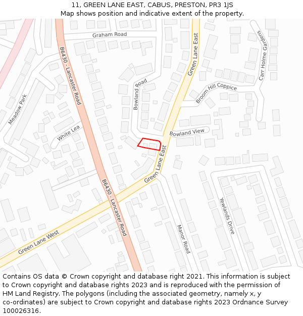 11, GREEN LANE EAST, CABUS, PRESTON, PR3 1JS: Location map and indicative extent of plot