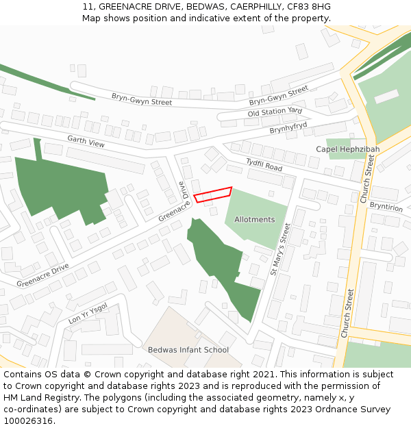 11, GREENACRE DRIVE, BEDWAS, CAERPHILLY, CF83 8HG: Location map and indicative extent of plot