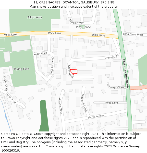 11, GREENACRES, DOWNTON, SALISBURY, SP5 3NG: Location map and indicative extent of plot