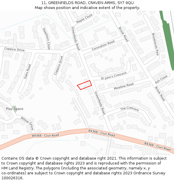 11, GREENFIELDS ROAD, CRAVEN ARMS, SY7 9QU: Location map and indicative extent of plot