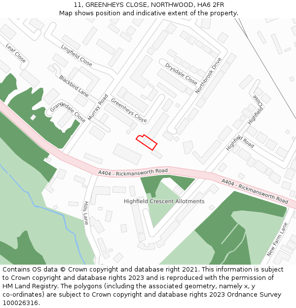 11, GREENHEYS CLOSE, NORTHWOOD, HA6 2FR: Location map and indicative extent of plot