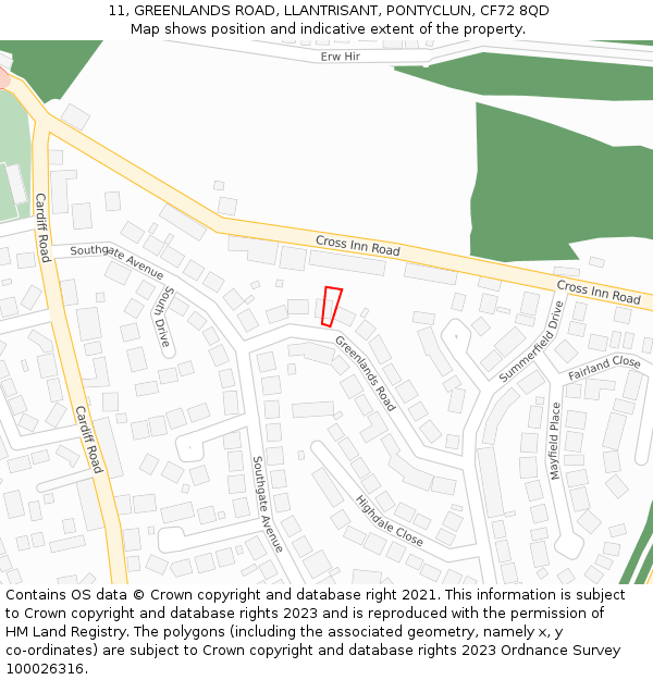 11, GREENLANDS ROAD, LLANTRISANT, PONTYCLUN, CF72 8QD: Location map and indicative extent of plot