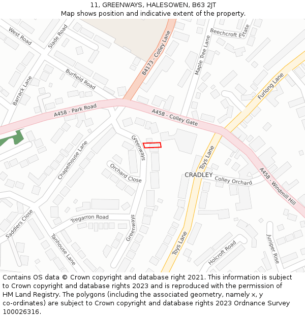 11, GREENWAYS, HALESOWEN, B63 2JT: Location map and indicative extent of plot