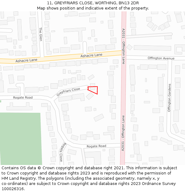11, GREYFRIARS CLOSE, WORTHING, BN13 2DR: Location map and indicative extent of plot