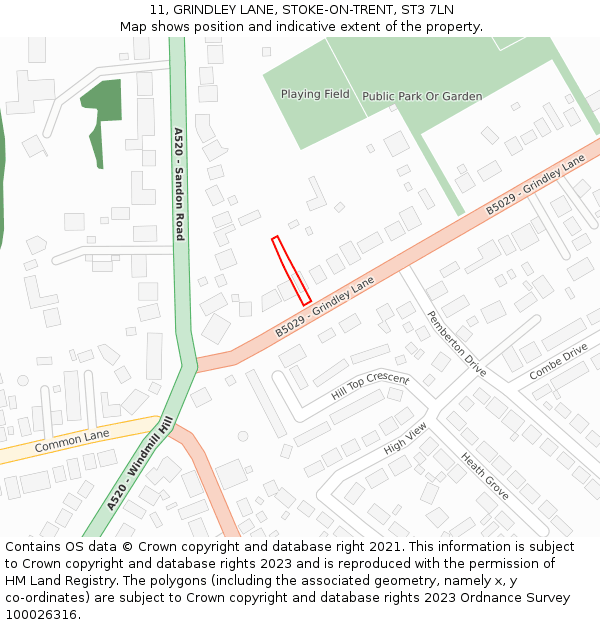 11, GRINDLEY LANE, STOKE-ON-TRENT, ST3 7LN: Location map and indicative extent of plot