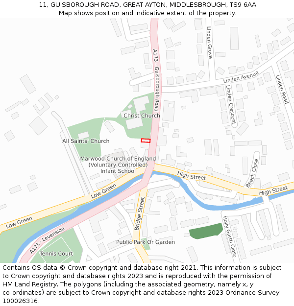 11, GUISBOROUGH ROAD, GREAT AYTON, MIDDLESBROUGH, TS9 6AA: Location map and indicative extent of plot