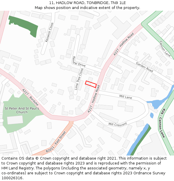 11, HADLOW ROAD, TONBRIDGE, TN9 1LE: Location map and indicative extent of plot