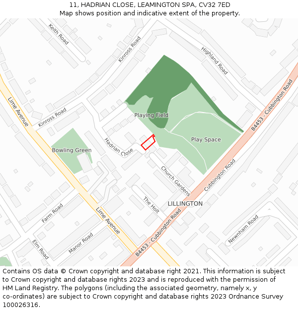 11, HADRIAN CLOSE, LEAMINGTON SPA, CV32 7ED: Location map and indicative extent of plot
