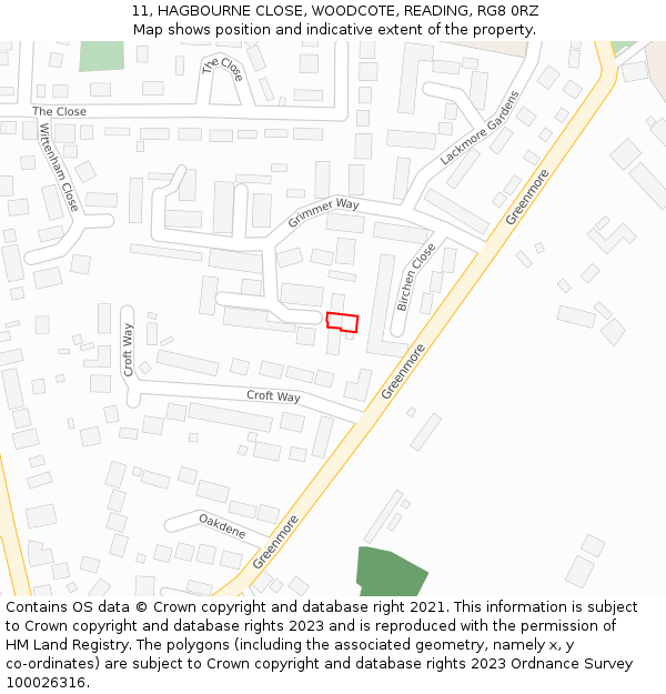 11, HAGBOURNE CLOSE, WOODCOTE, READING, RG8 0RZ: Location map and indicative extent of plot