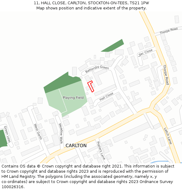 11, HALL CLOSE, CARLTON, STOCKTON-ON-TEES, TS21 1PW: Location map and indicative extent of plot