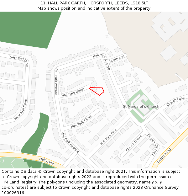 11, HALL PARK GARTH, HORSFORTH, LEEDS, LS18 5LT: Location map and indicative extent of plot