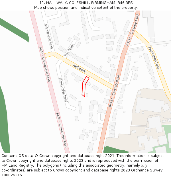 11, HALL WALK, COLESHILL, BIRMINGHAM, B46 3ES: Location map and indicative extent of plot