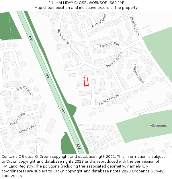 11, HALLIDAY CLOSE, WORKSOP, S80 1YF: Location map and indicative extent of plot