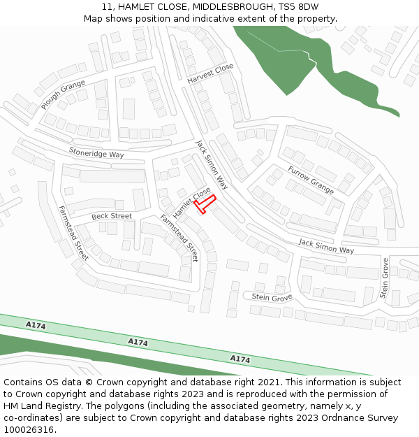 11, HAMLET CLOSE, MIDDLESBROUGH, TS5 8DW: Location map and indicative extent of plot