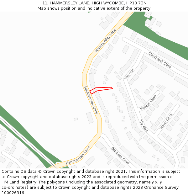 11, HAMMERSLEY LANE, HIGH WYCOMBE, HP13 7BN: Location map and indicative extent of plot