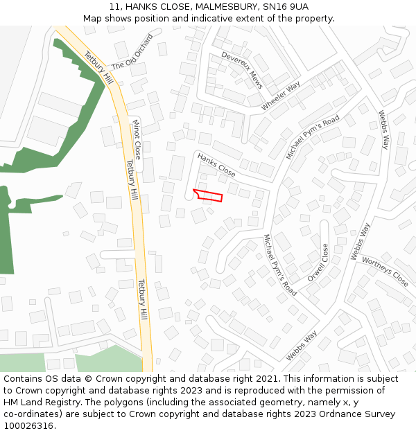 11, HANKS CLOSE, MALMESBURY, SN16 9UA: Location map and indicative extent of plot