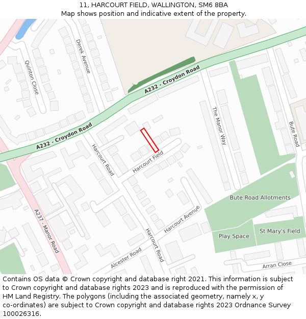 11, HARCOURT FIELD, WALLINGTON, SM6 8BA: Location map and indicative extent of plot