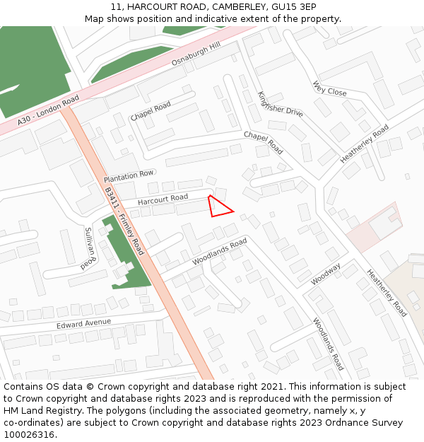 11, HARCOURT ROAD, CAMBERLEY, GU15 3EP: Location map and indicative extent of plot