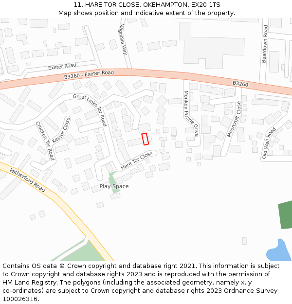 11, HARE TOR CLOSE, OKEHAMPTON, EX20 1TS: Location map and indicative extent of plot