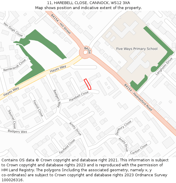 11, HAREBELL CLOSE, CANNOCK, WS12 3XA: Location map and indicative extent of plot