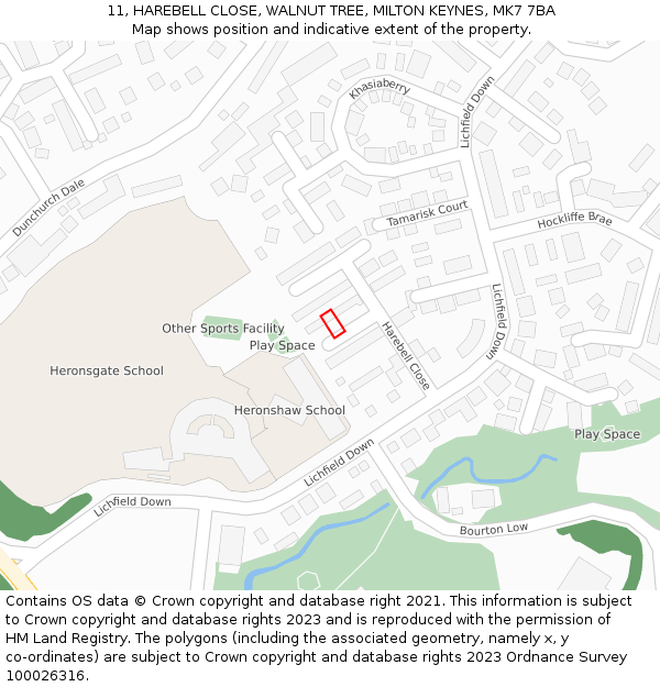 11, HAREBELL CLOSE, WALNUT TREE, MILTON KEYNES, MK7 7BA: Location map and indicative extent of plot