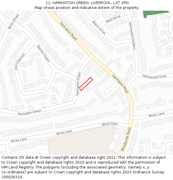 11, HARINGTON GREEN, LIVERPOOL, L37 1PN: Location map and indicative extent of plot