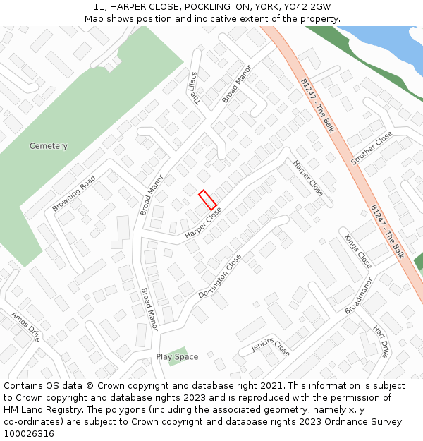 11, HARPER CLOSE, POCKLINGTON, YORK, YO42 2GW: Location map and indicative extent of plot