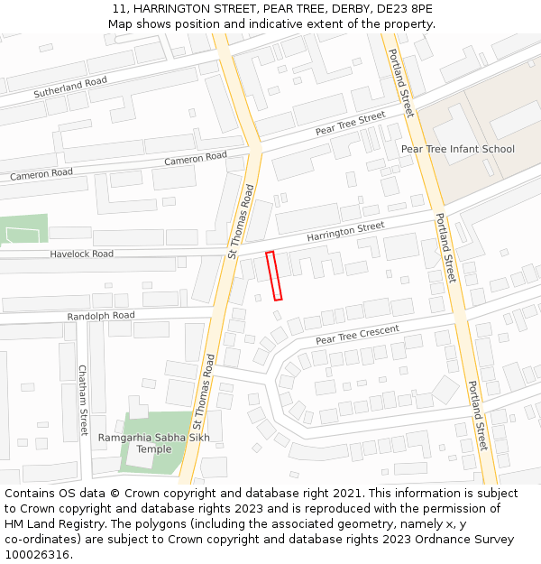 11, HARRINGTON STREET, PEAR TREE, DERBY, DE23 8PE: Location map and indicative extent of plot