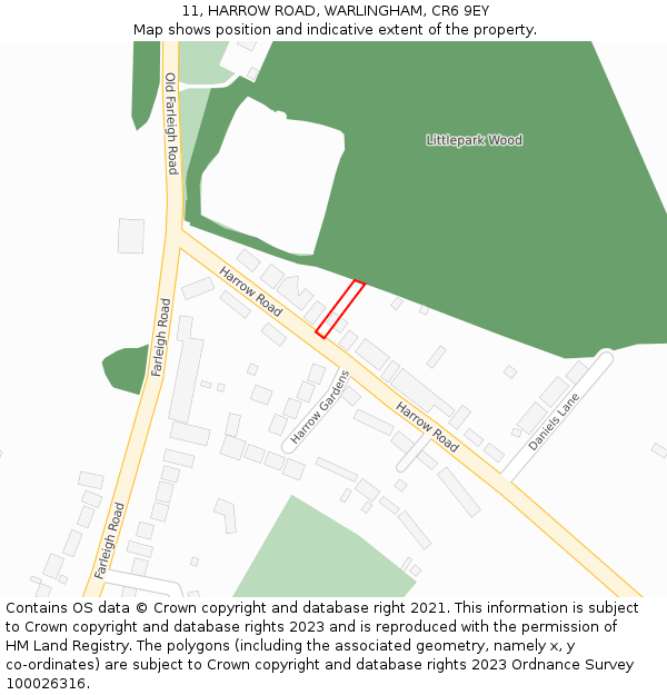 11, HARROW ROAD, WARLINGHAM, CR6 9EY: Location map and indicative extent of plot