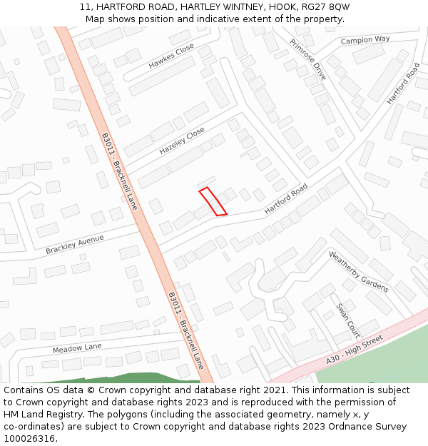 11, HARTFORD ROAD, HARTLEY WINTNEY, HOOK, RG27 8QW: Location map and indicative extent of plot