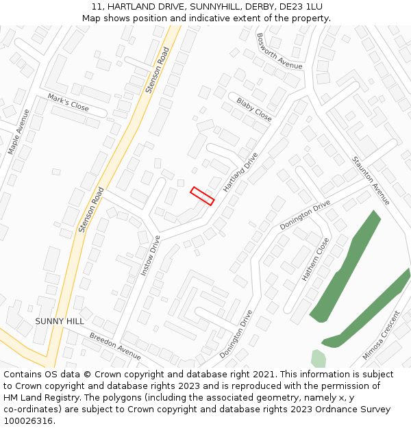 11, HARTLAND DRIVE, SUNNYHILL, DERBY, DE23 1LU: Location map and indicative extent of plot