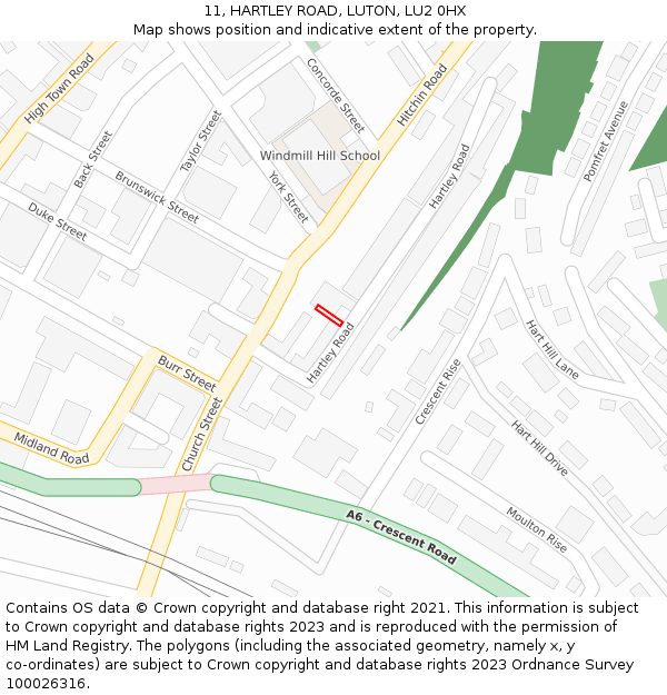 11, HARTLEY ROAD, LUTON, LU2 0HX: Location map and indicative extent of plot