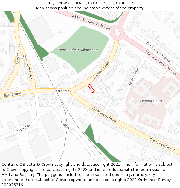 11, HARWICH ROAD, COLCHESTER, CO4 3BP: Location map and indicative extent of plot