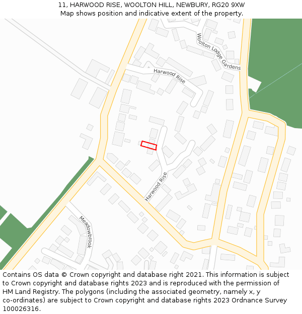 11, HARWOOD RISE, WOOLTON HILL, NEWBURY, RG20 9XW: Location map and indicative extent of plot