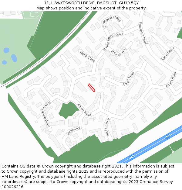 11, HAWKESWORTH DRIVE, BAGSHOT, GU19 5QY: Location map and indicative extent of plot