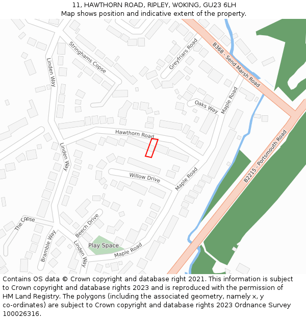 11, HAWTHORN ROAD, RIPLEY, WOKING, GU23 6LH: Location map and indicative extent of plot