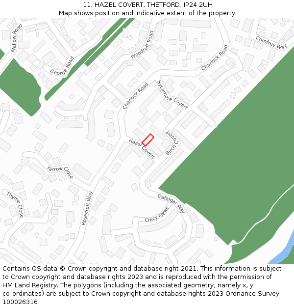 11, HAZEL COVERT, THETFORD, IP24 2UH: Location map and indicative extent of plot