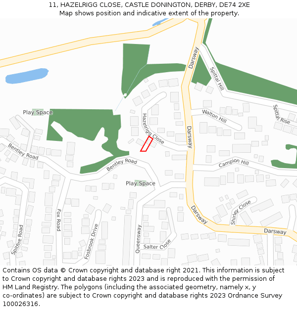 11, HAZELRIGG CLOSE, CASTLE DONINGTON, DERBY, DE74 2XE: Location map and indicative extent of plot