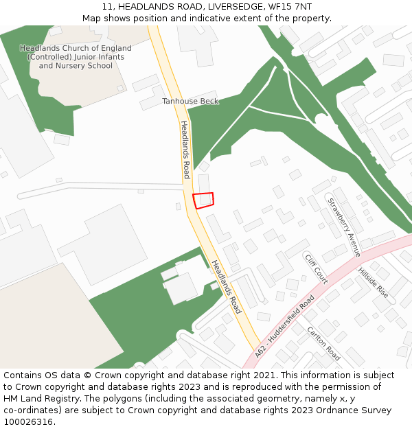 11, HEADLANDS ROAD, LIVERSEDGE, WF15 7NT: Location map and indicative extent of plot