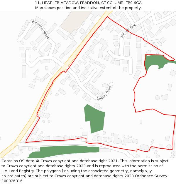 11, HEATHER MEADOW, FRADDON, ST COLUMB, TR9 6GA: Location map and indicative extent of plot